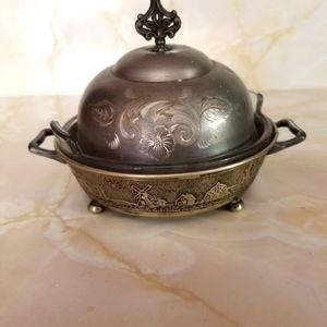 VINTAGE 3 PIECE BUTTER DISH W WINDMILL FARM DECO BASE, GLASS DISH, FLORAL DOME